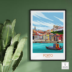 Framed Porto travel poster print showcasing colorful buildings and river views of Portugal, perfect for home decor.