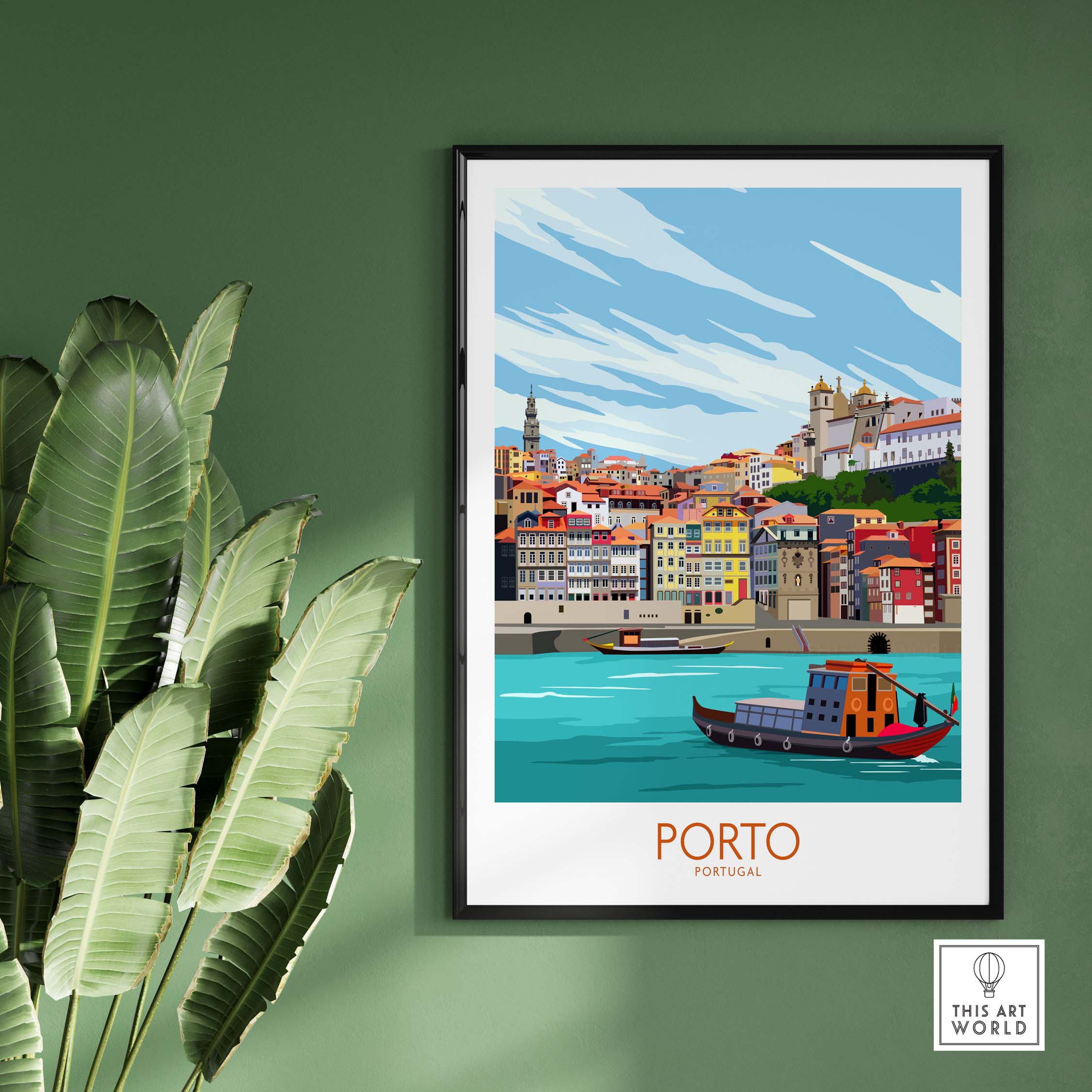 Framed Porto travel poster print showcasing colorful buildings and river views of Portugal, perfect for home decor.