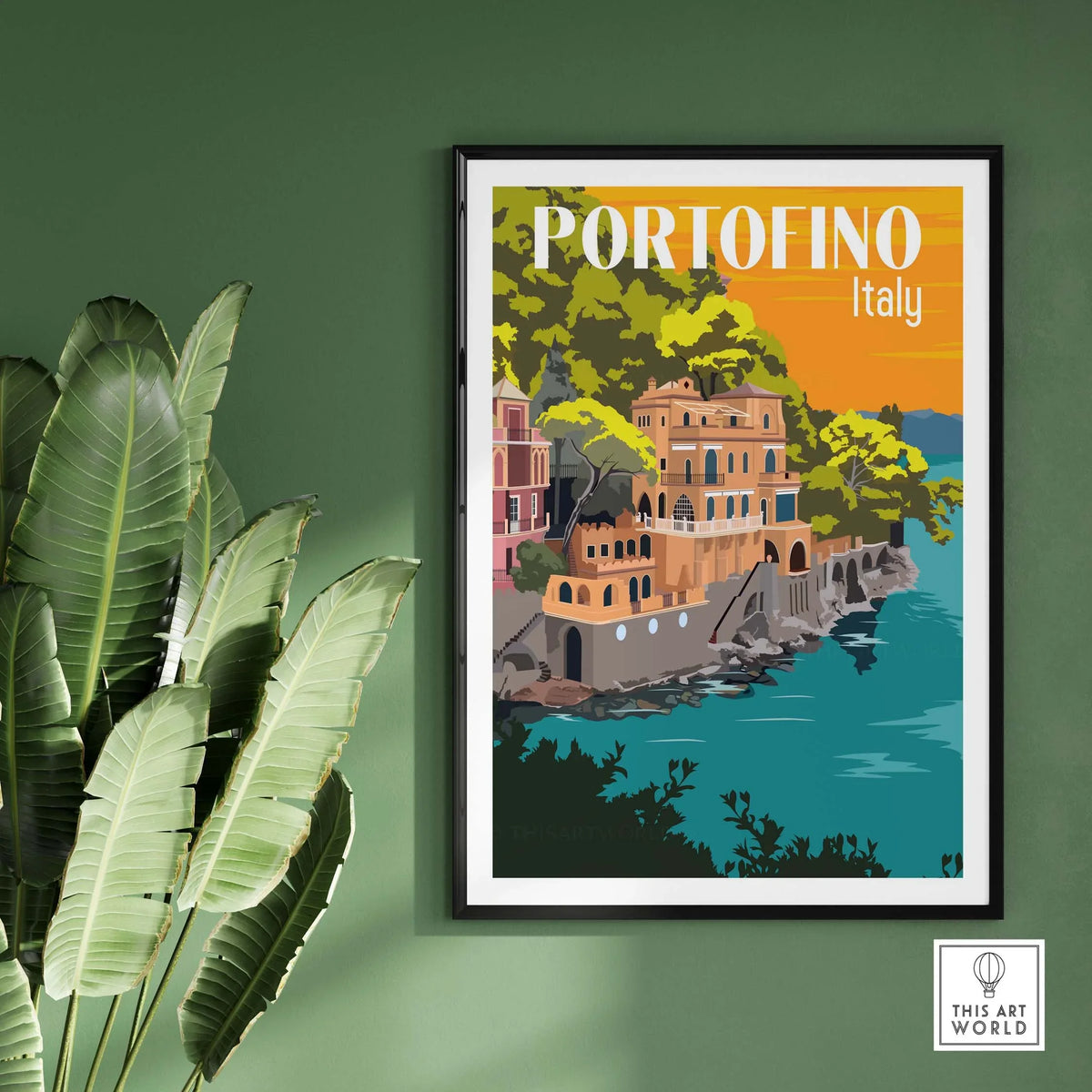 Portofino Print Poster Wall Art showcasing vintage Italian seaside buildings with lush greenery.