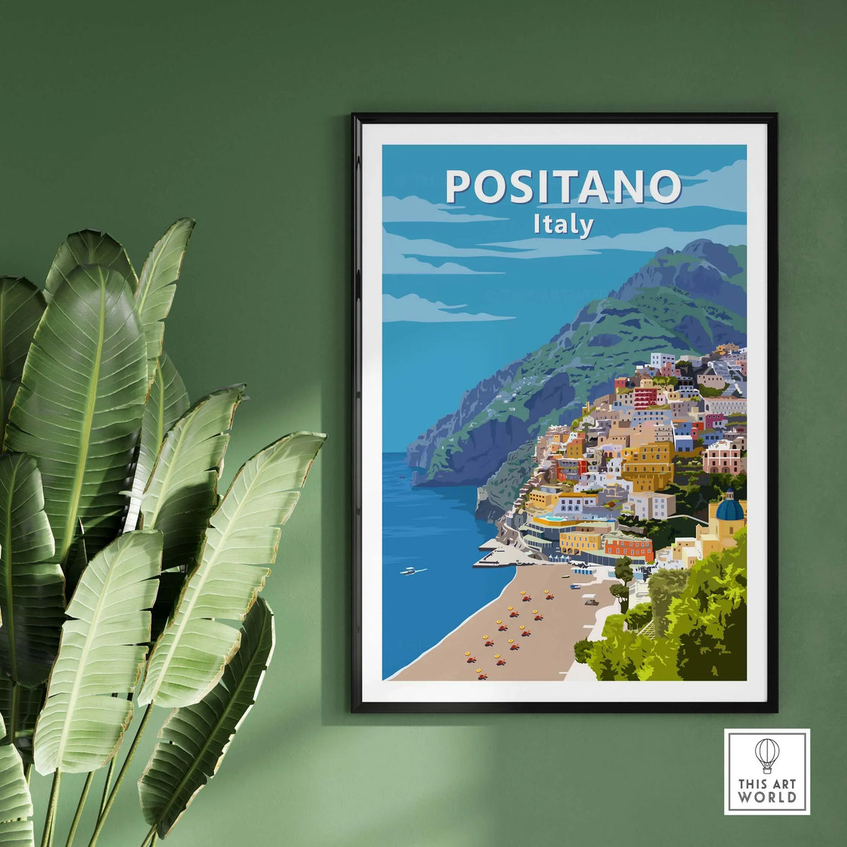 Positano Poster Print Italy Wall Art featuring a colorful coastal view of Positano framed on a green wall.