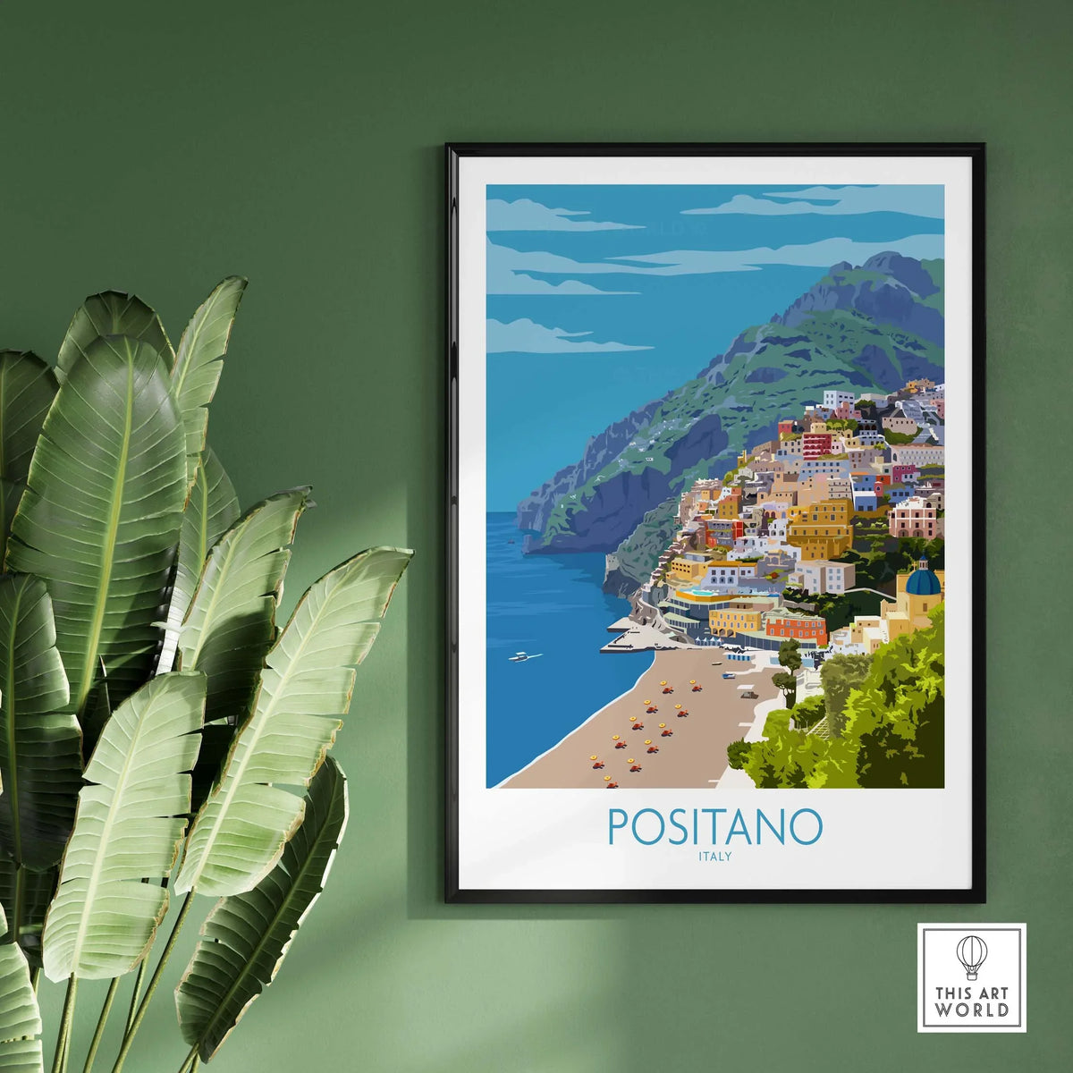 Framed Positano travel poster showcasing colorful buildings along the Amalfi Coast against a vibrant blue sky.