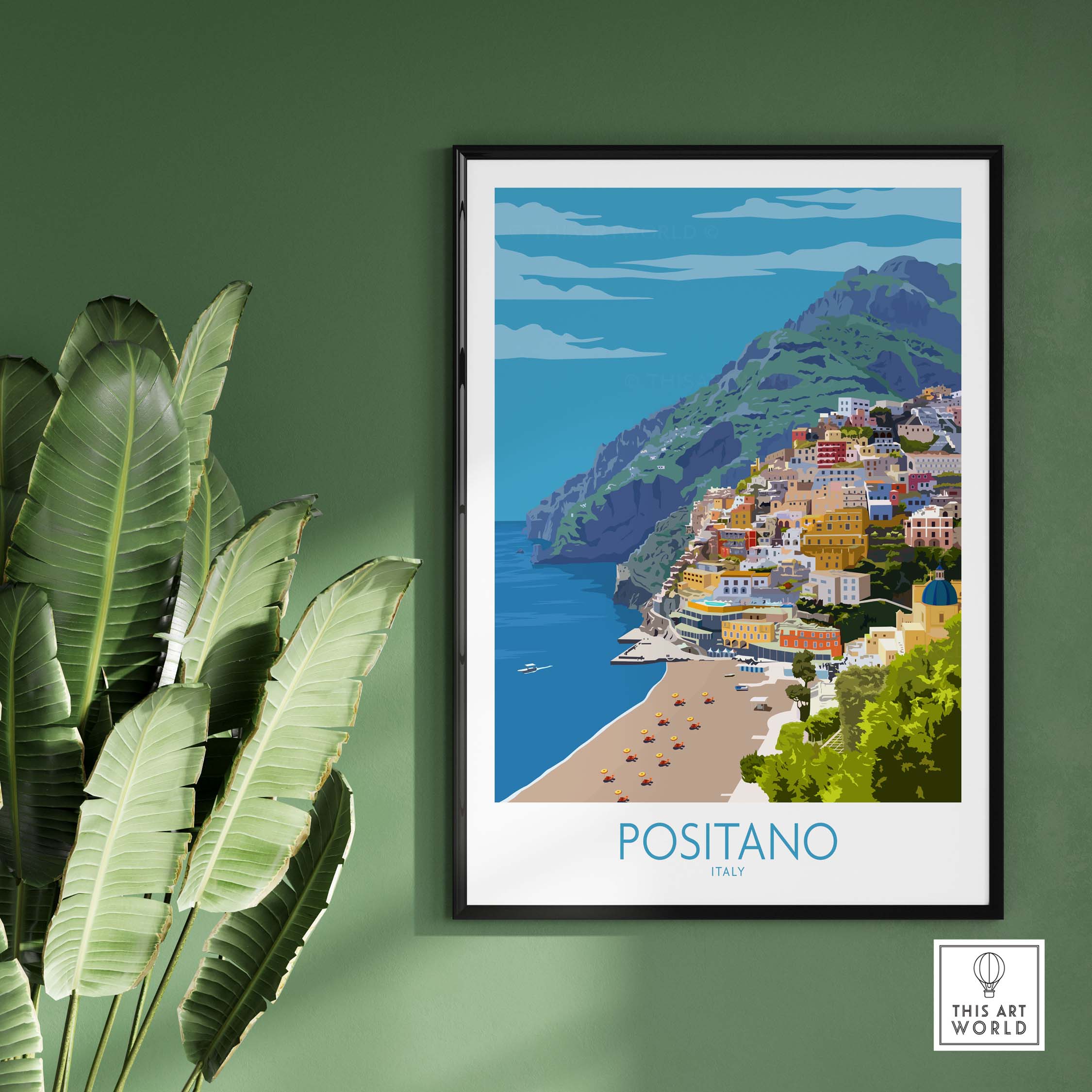 Framed Positano travel poster showcasing colorful buildings along the Amalfi Coast against a vibrant blue sky.