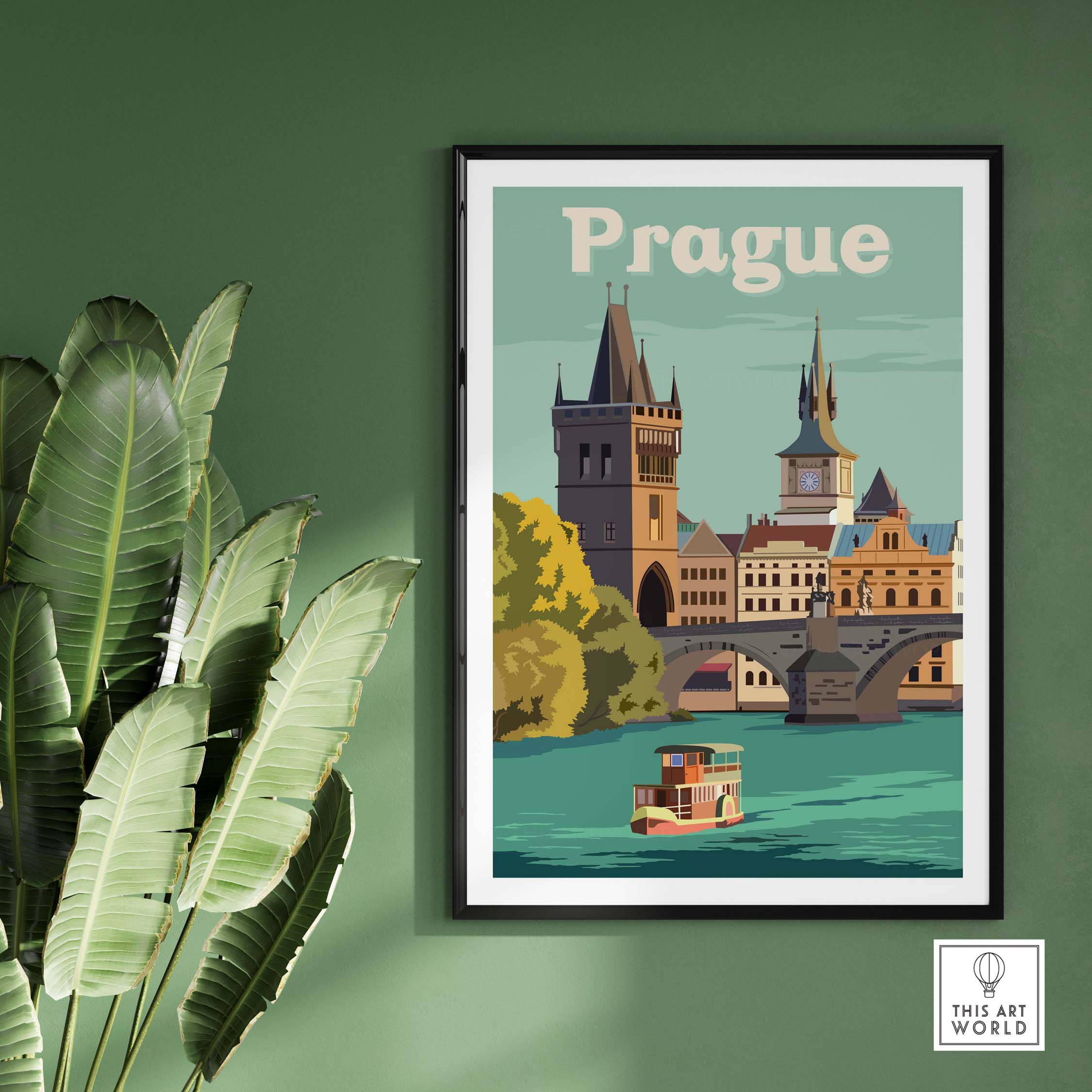 Vintage Prague print poster art featuring the iconic Charles Bridge and a scenic boat on the river.