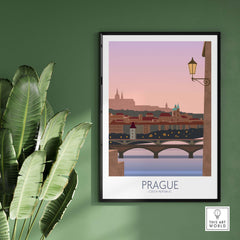 Prague print travel poster showcasing a scenic view with a bridge, vintage style, ideal for home decor.