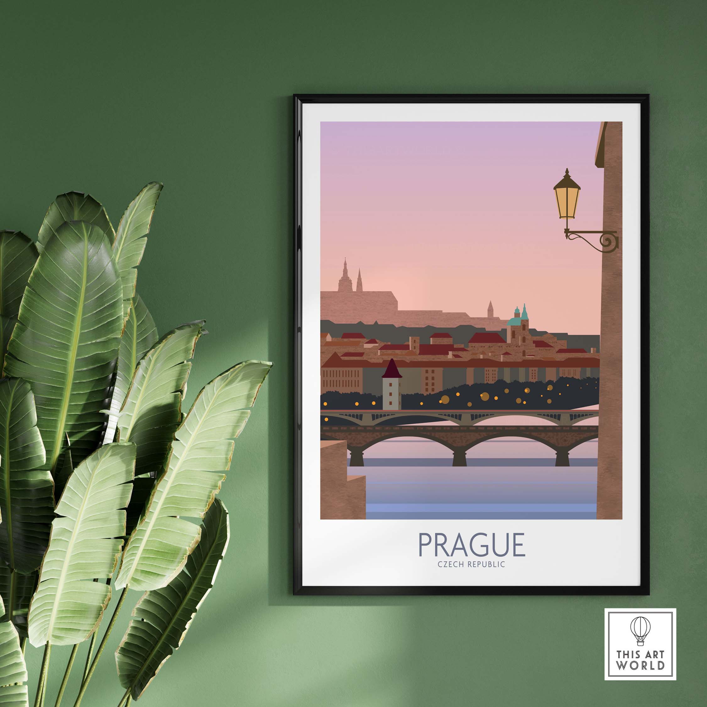 Prague print travel poster showcasing a scenic view with a bridge, vintage style, ideal for home decor.