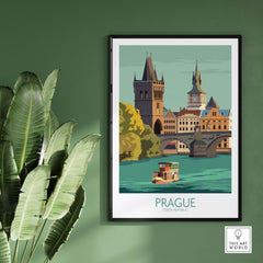 Vintage Prague travel poster on wall featuring iconic architecture and scenic river view.