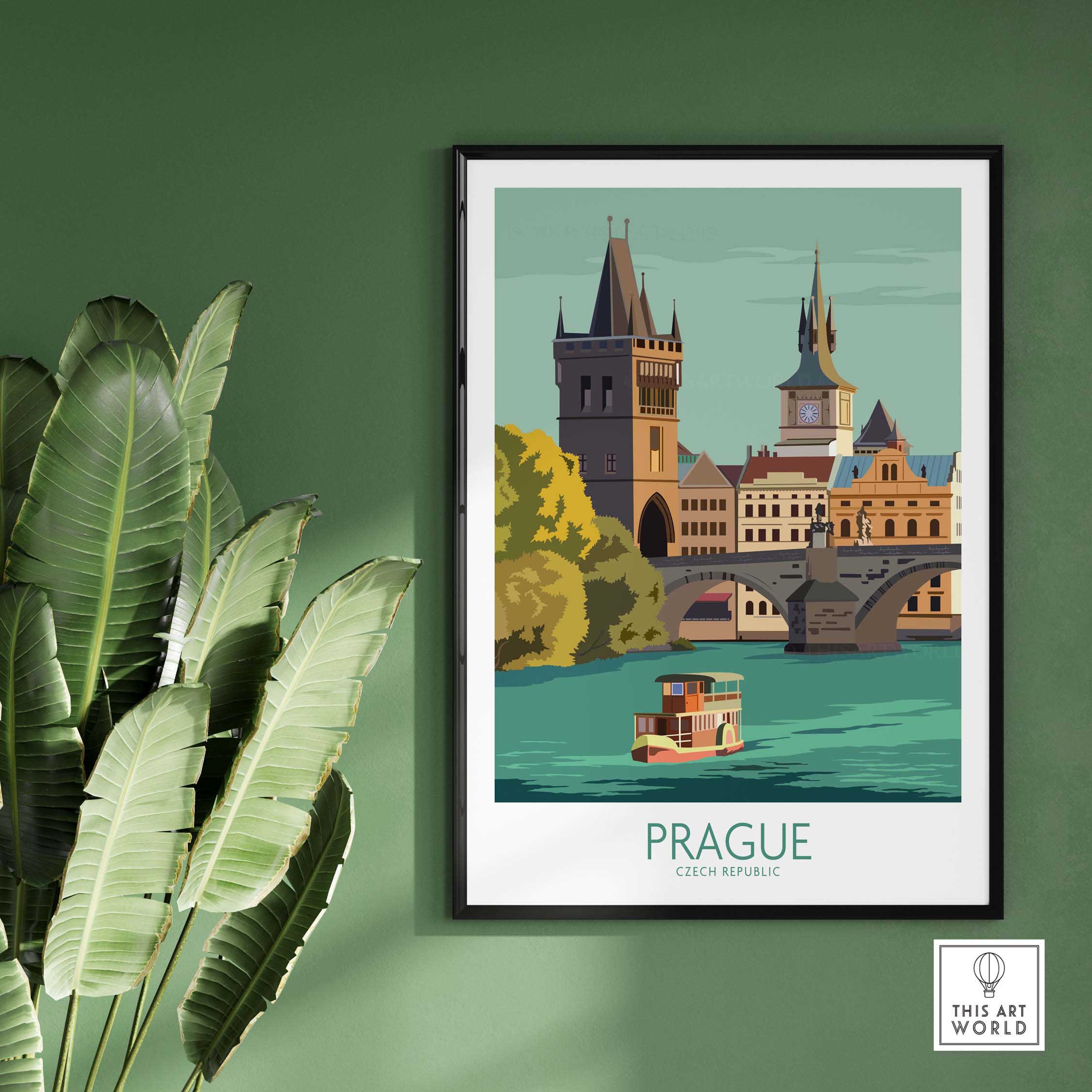 Vintage Prague travel poster on wall featuring iconic architecture and scenic river view.