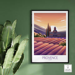 Provence vintage travel poster featuring lavender fields and a French landscape, perfect for home decor.