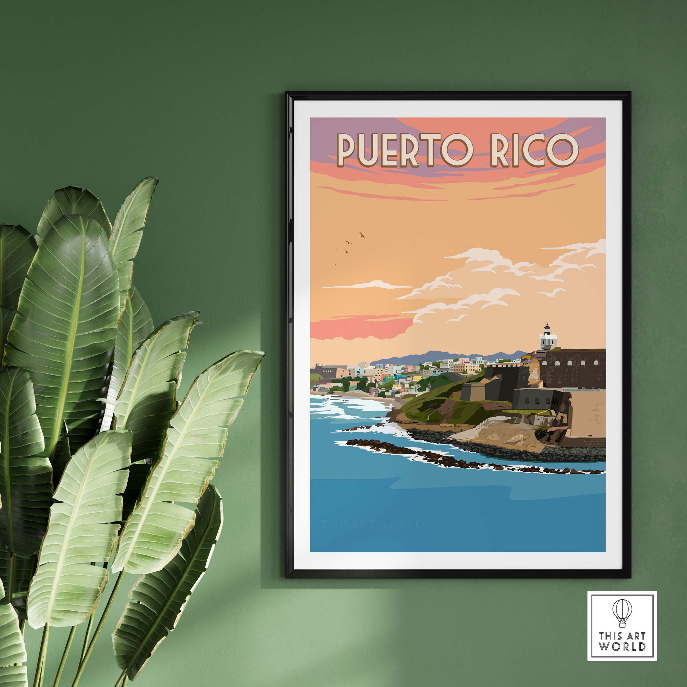 Puerto Rico wall art featuring San Juan's coast and skyline, vintage travel poster style, framed print on green wall.