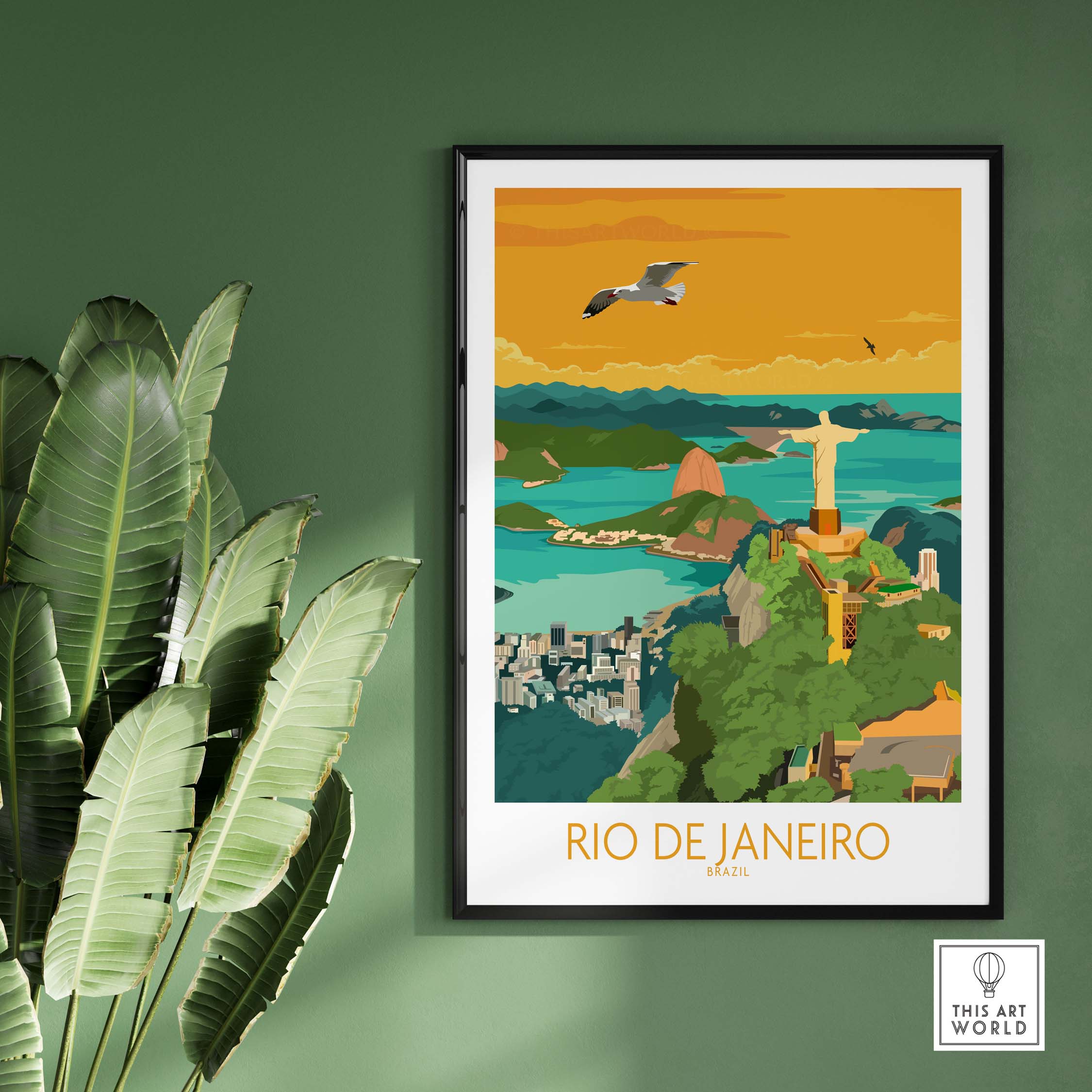 Rio de Janeiro vintage travel poster featuring iconic landmarks and vibrant colors, framed on a green wall.
