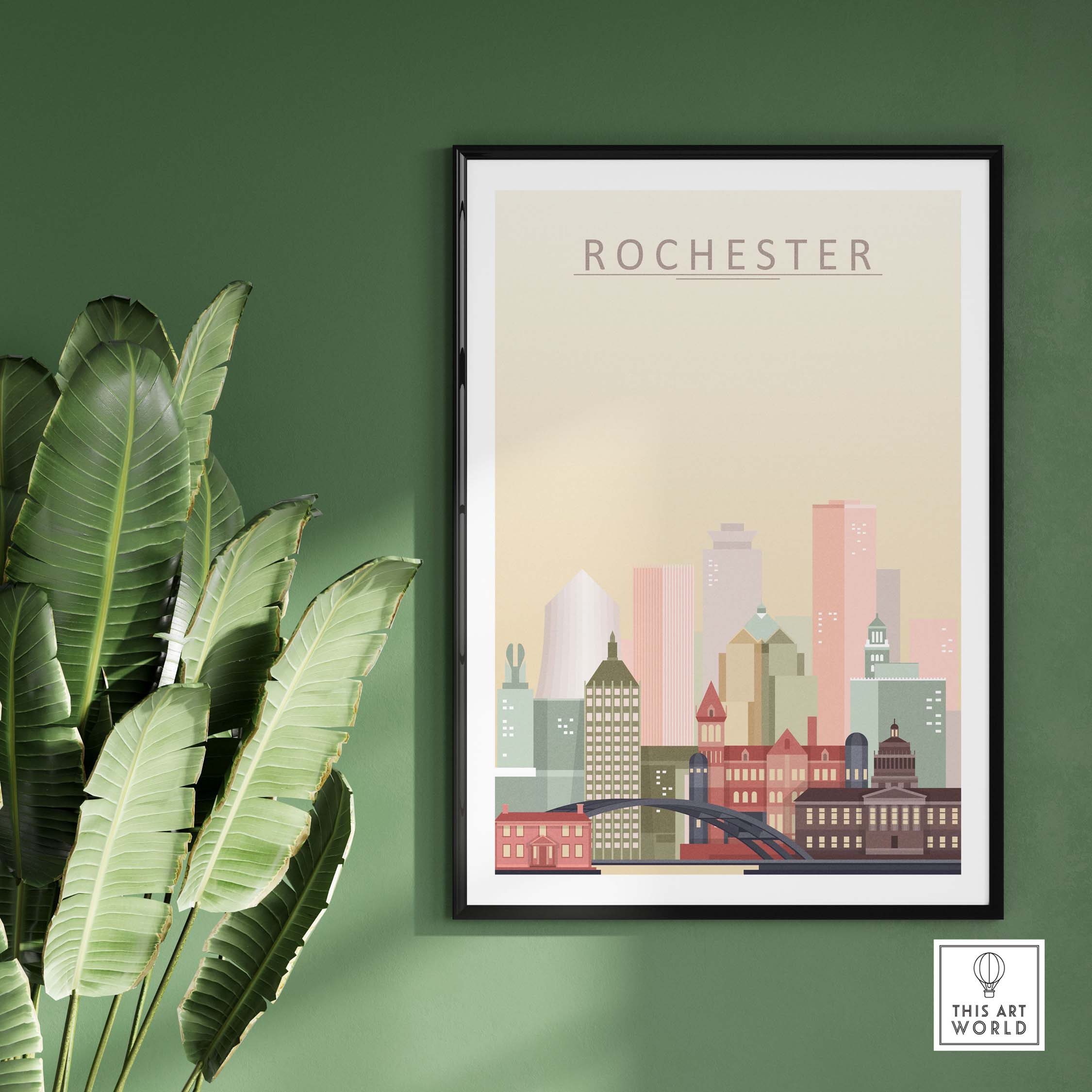 Rochester Skyline Wall Art Print framed on a green wall, showcasing iconic buildings in pastel tones.