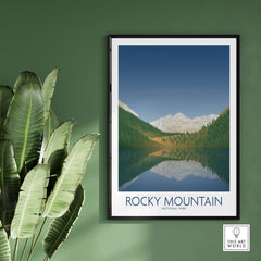 Rocky Mountain National Park art print featuring minimalist design and stunning landscape reflection.