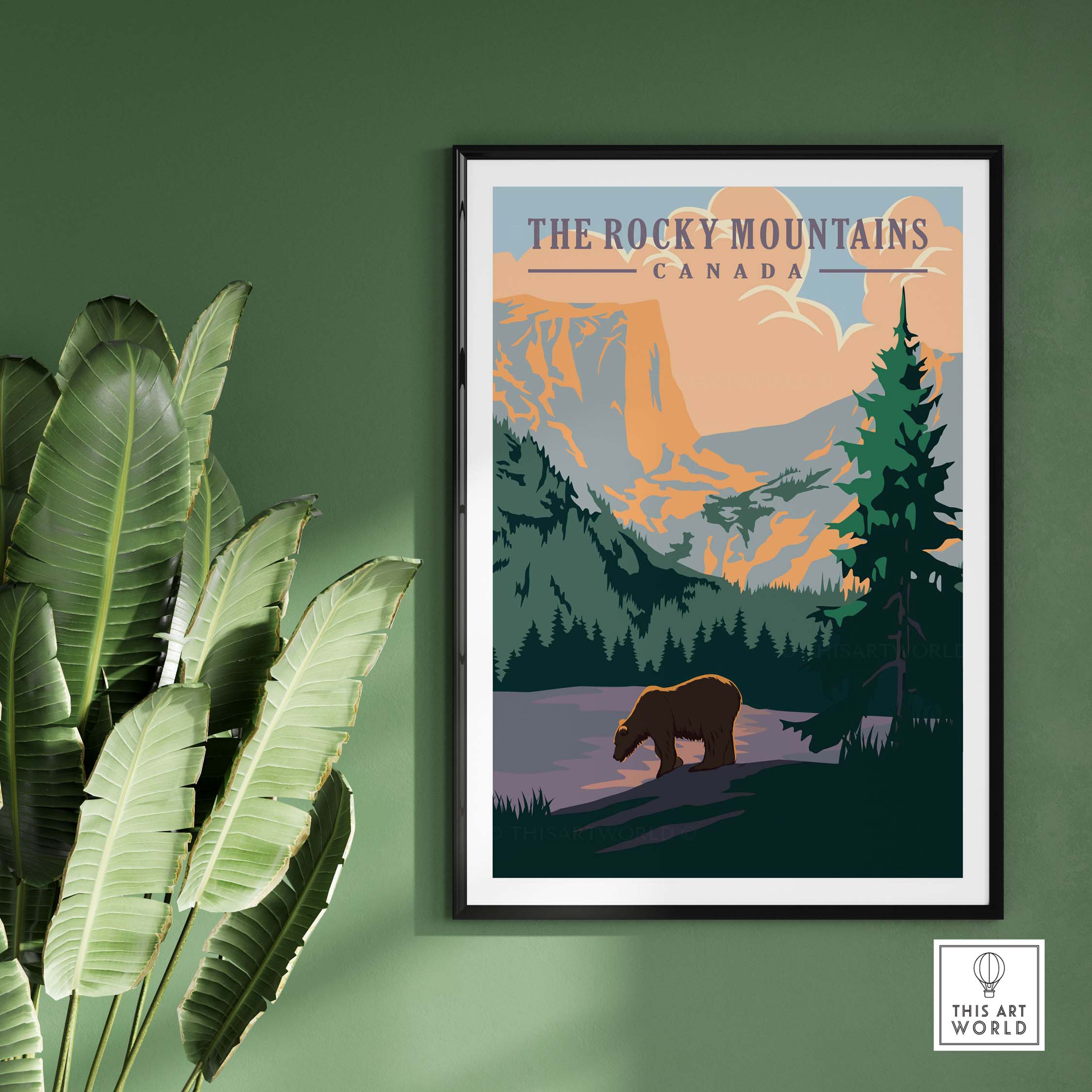 Rocky Mountains Canada Vintage print featuring a bear and lush greenery, inspired by classic National Park artwork.