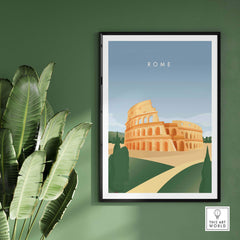 Vintage-inspired Rome wall art poster featuring the iconic Colosseum on a green wall. Ideal for travel enthusiasts.