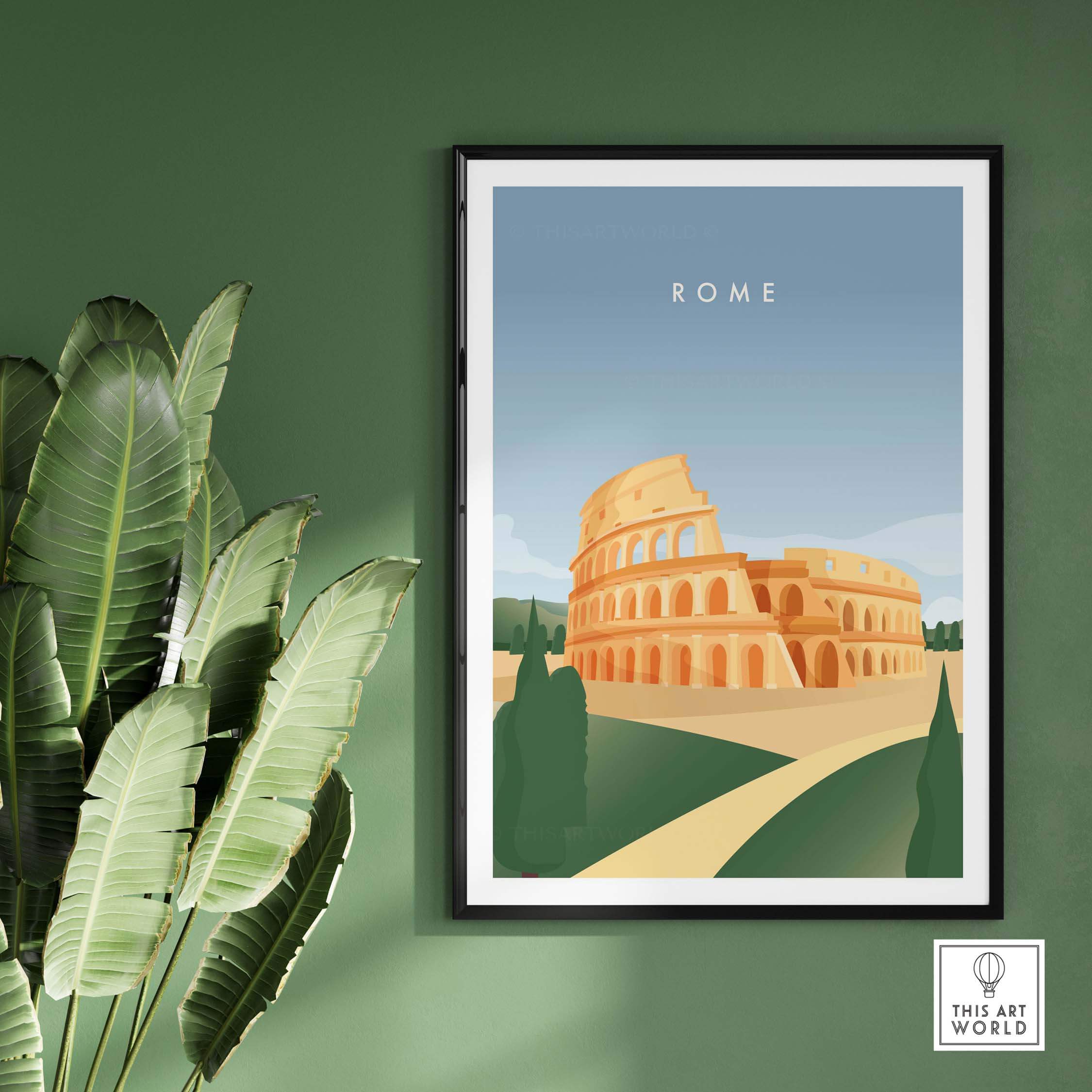 Vintage-inspired Rome wall art poster featuring the iconic Colosseum on a green wall. Ideal for travel enthusiasts.