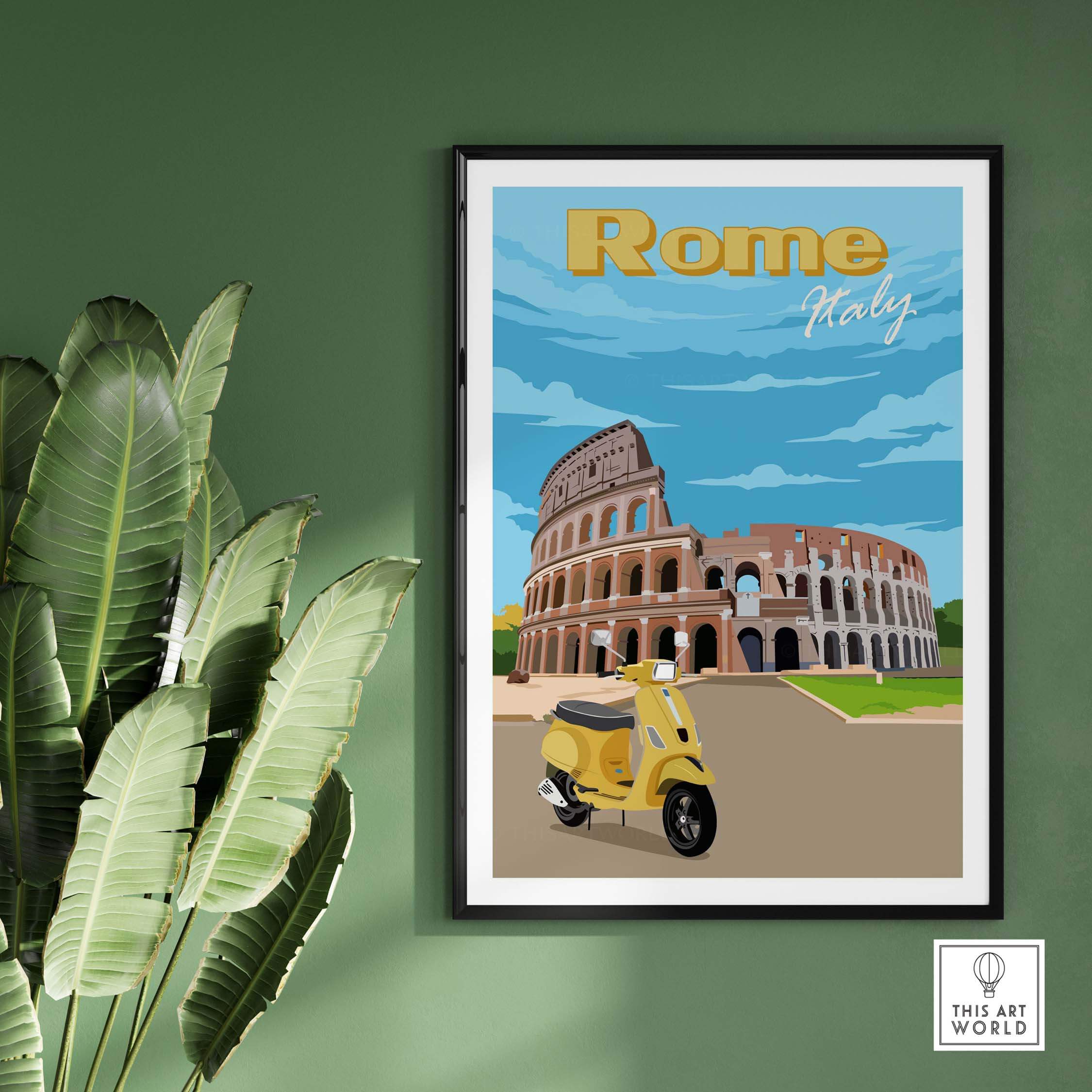 Rome print poster featuring the Colosseum and a yellow scooter, set against a green wall with tropical plants.