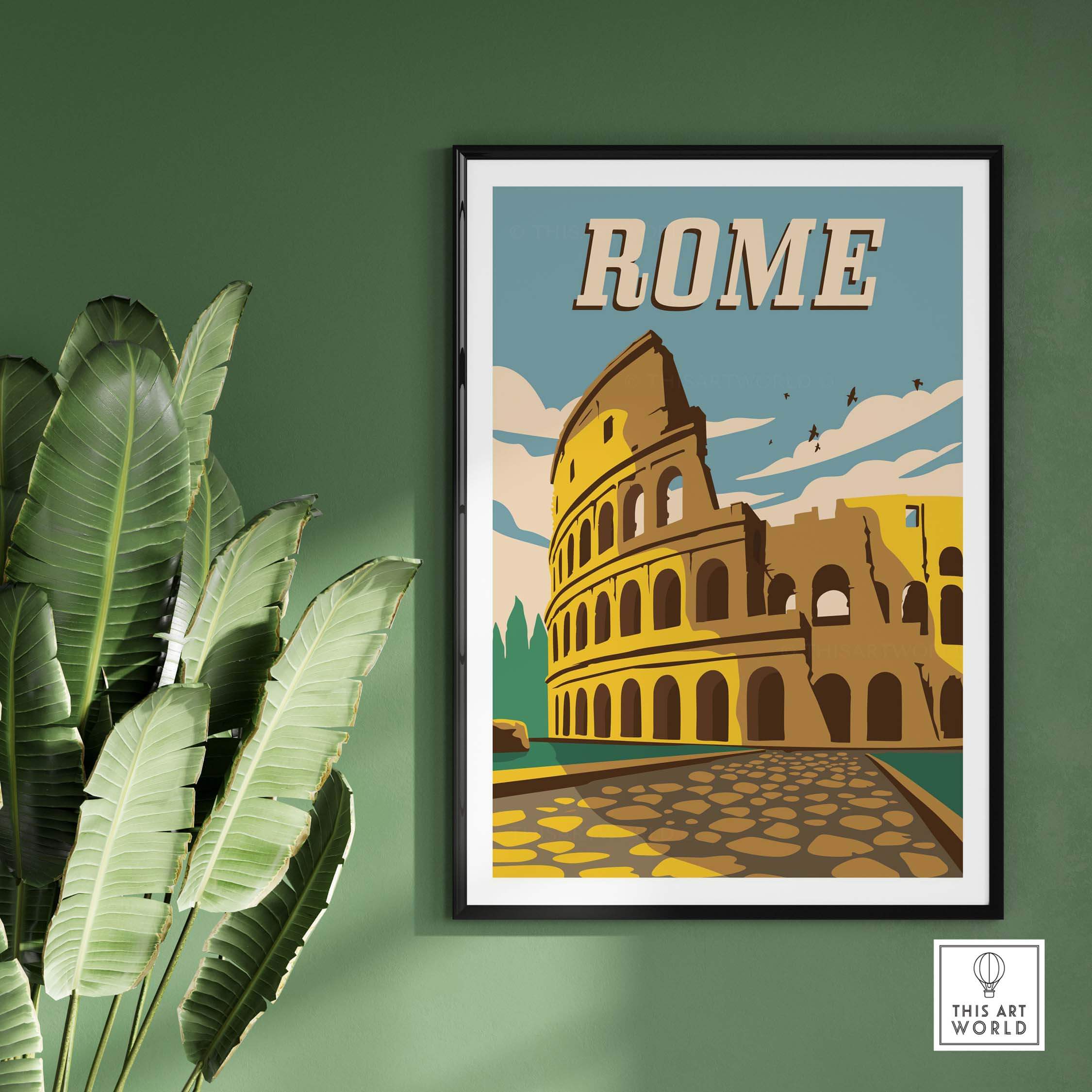 Vintage style Rome poster art featuring the Colosseum, perfect for stylish home or office decor.