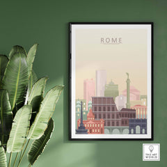 Rome city skyline print in warm tones, framed on a wall with greenery, showcasing iconic landmarks like the Colosseum.