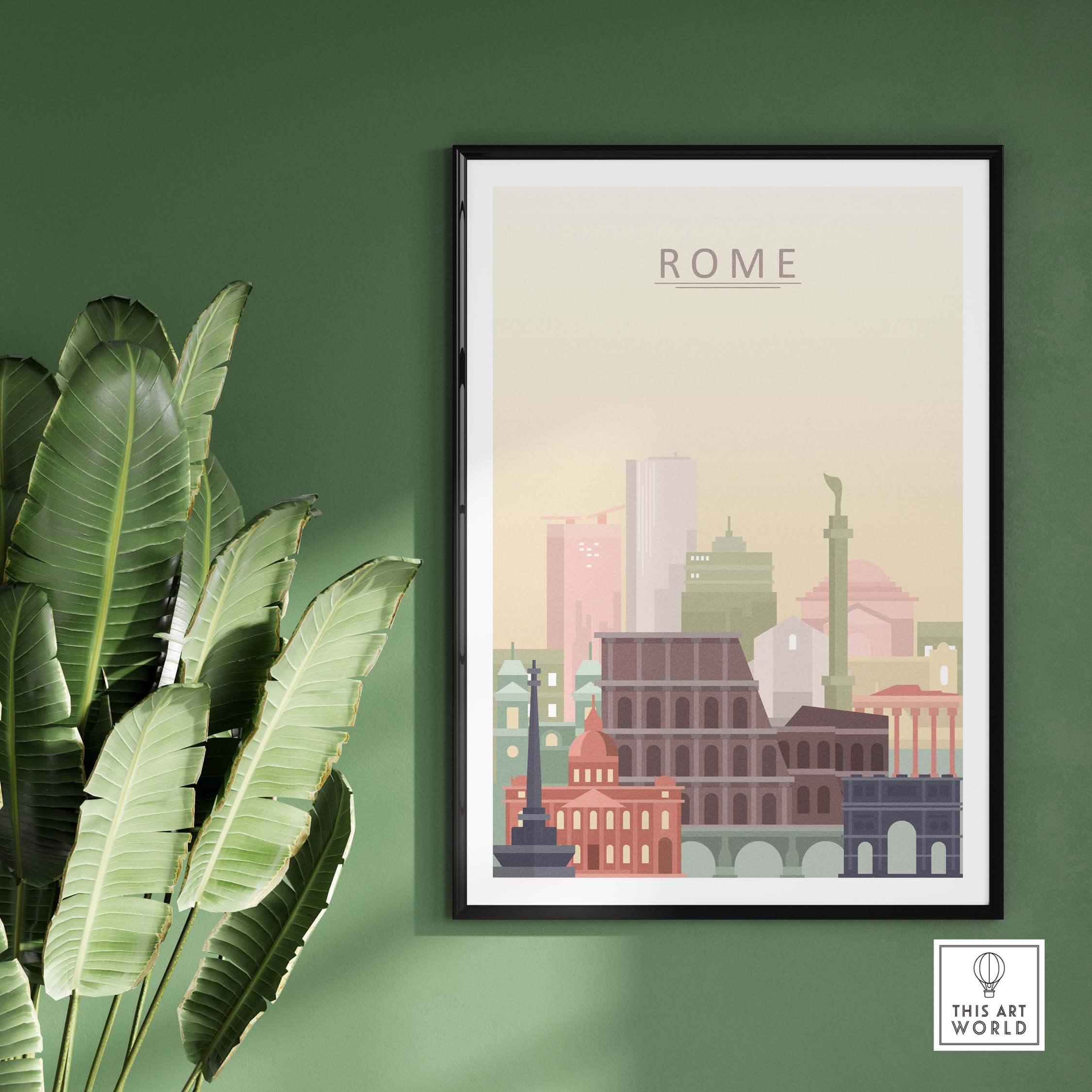 Rome city skyline print in warm tones, framed on a wall with greenery, showcasing iconic landmarks like the Colosseum.