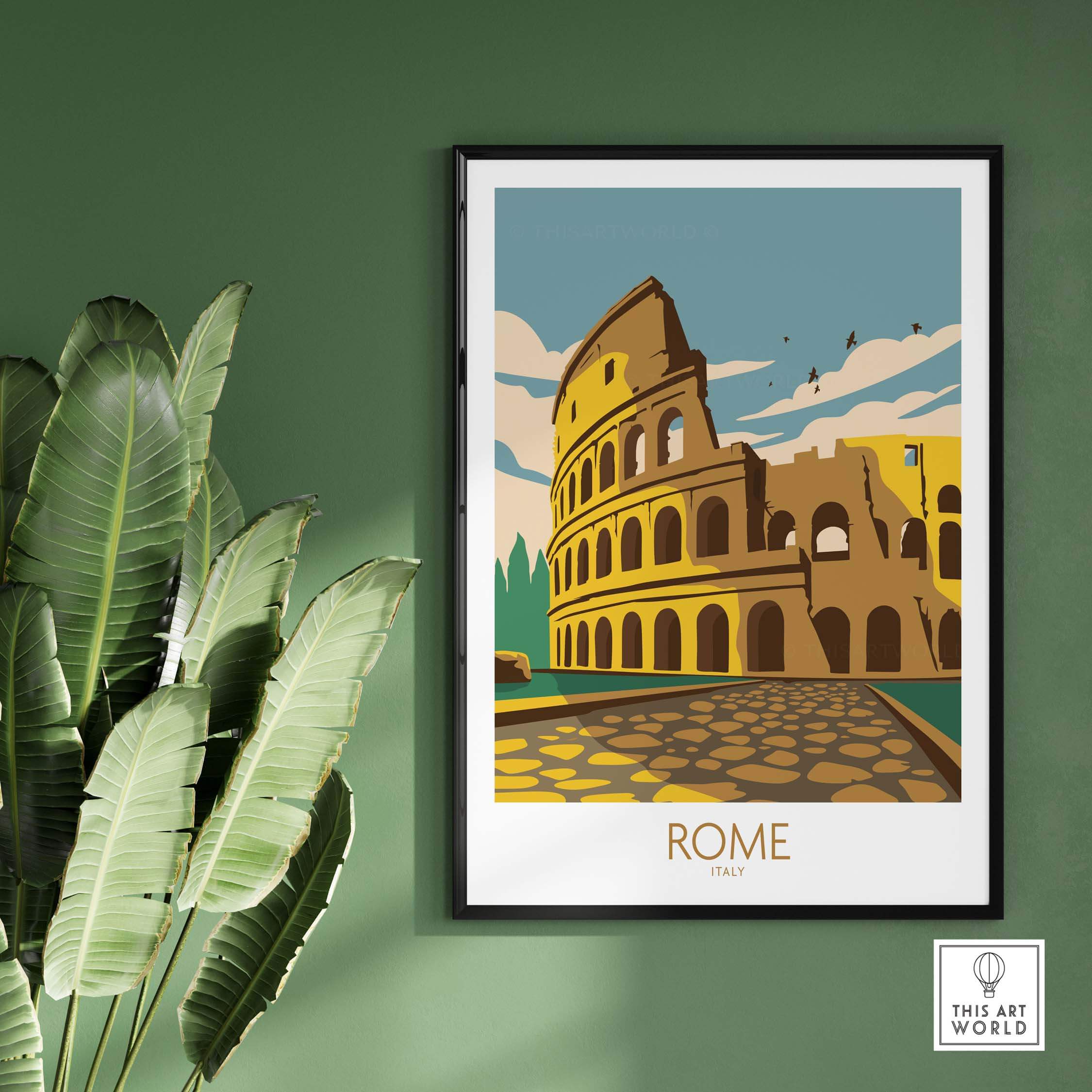 Vintage Rome travel poster featuring the Colosseum, ideal for home or office decor. Perfect for travel enthusiasts.