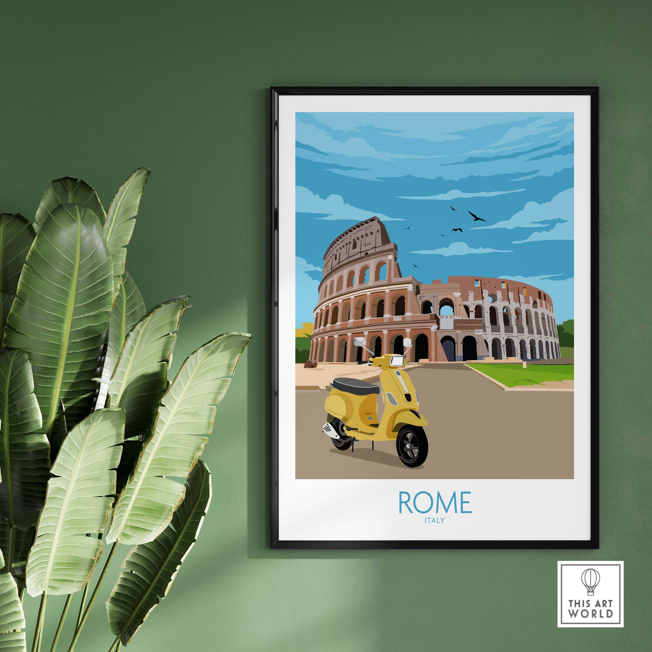 Vintage-inspired Rome travel poster print featuring the Colosseum and a scooter, perfect for home or office decor.
