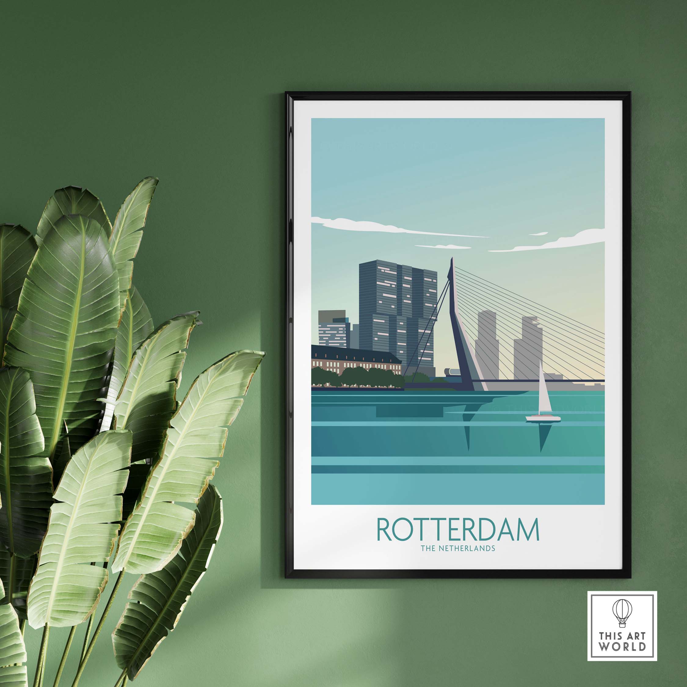 Rotterdam Poster showcasing the city's skyline and bridge, ideal for stylish wall art in homes or offices.