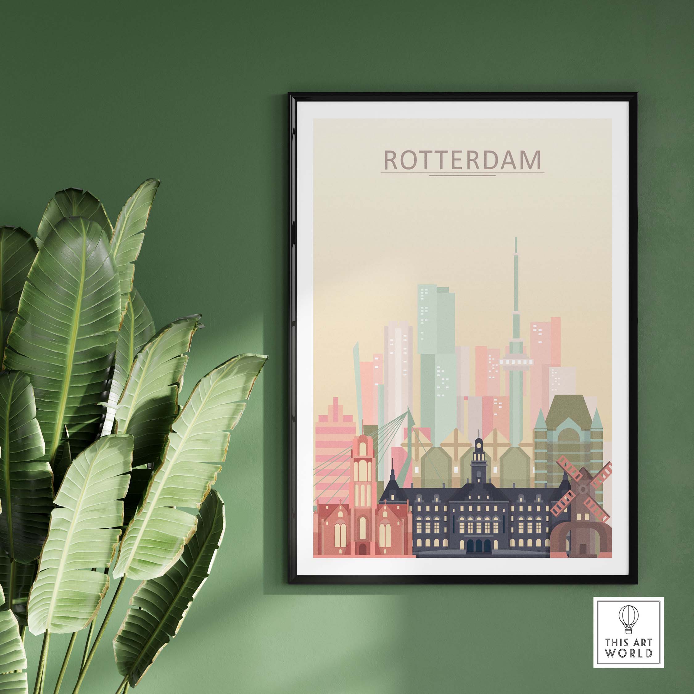 Rotterdam skyline print featuring iconic architecture in warm pastel tones, framed on a green wall.