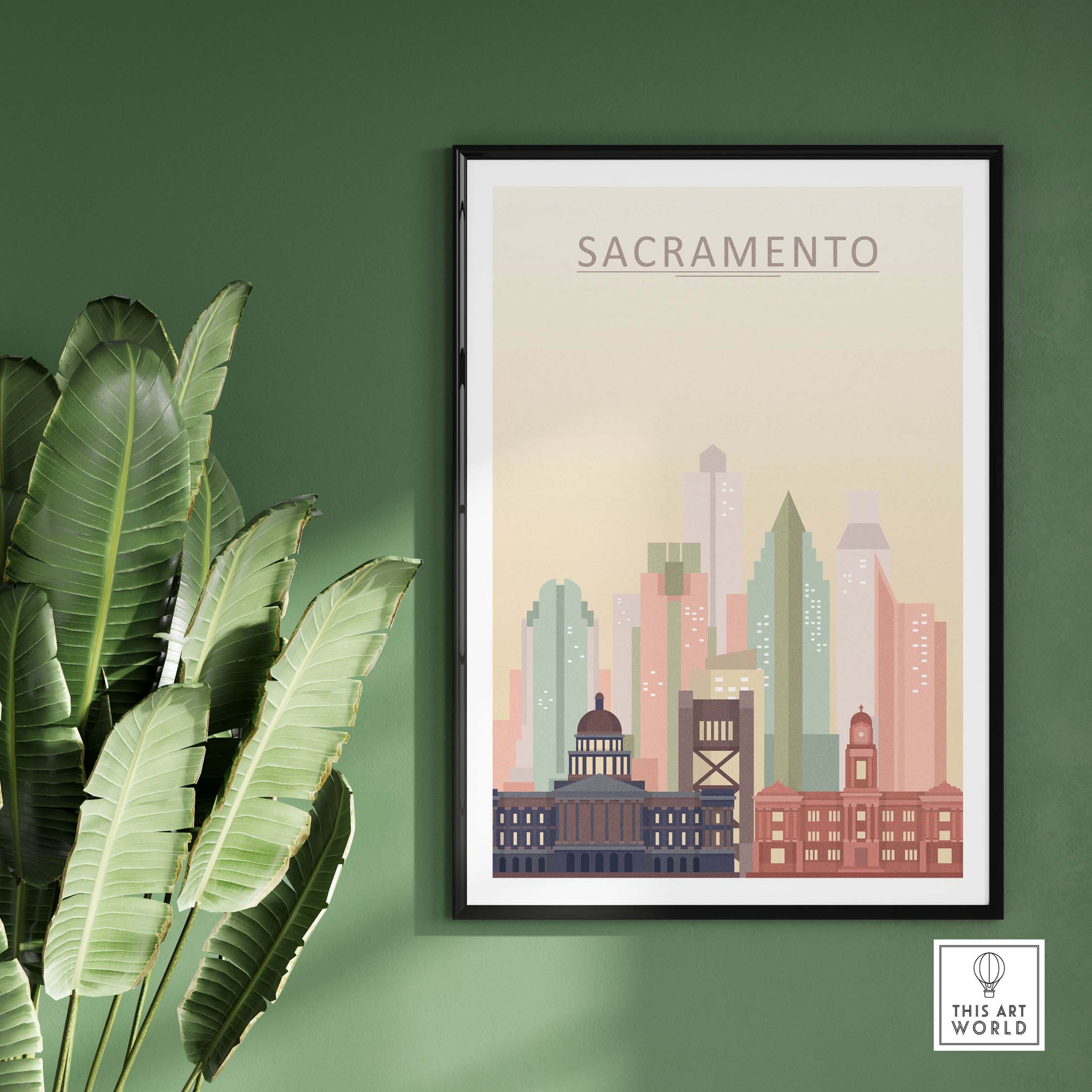Sacramento Skyline Poster featuring iconic buildings in warm pastel tones against a green wall, framed artwork for home decor.