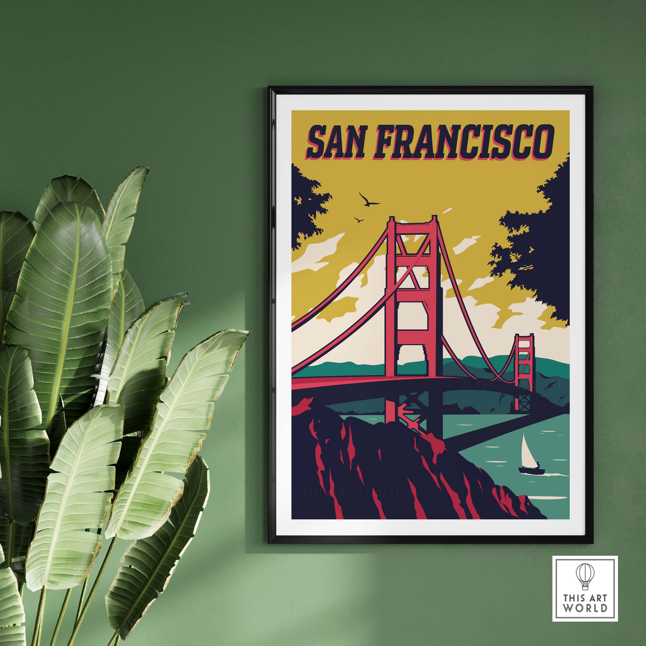 Vintage San Francisco poster featuring the Golden Gate Bridge with vibrant colors, ideal for home or office decor.