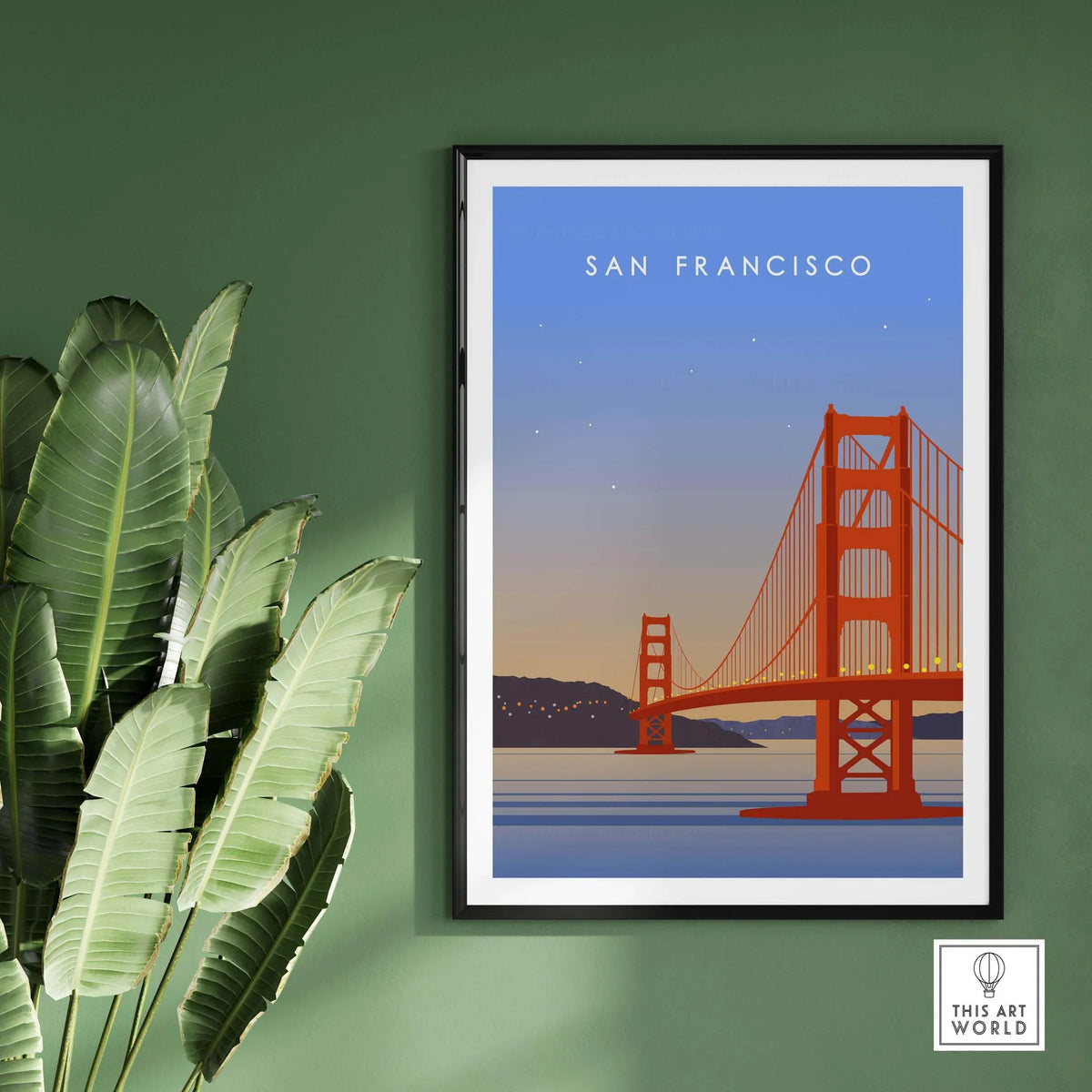 San Francisco print wall art poster featuring the Golden Gate Bridge, framed against a blue sunset background.