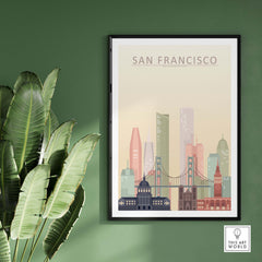 San Francisco City Skyline Print featuring the Golden Gate Bridge and iconic buildings in warm pastel tones.