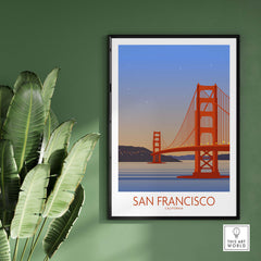 San Francisco print poster featuring the Golden Gate Bridge, framed against a serene sunset backdrop.