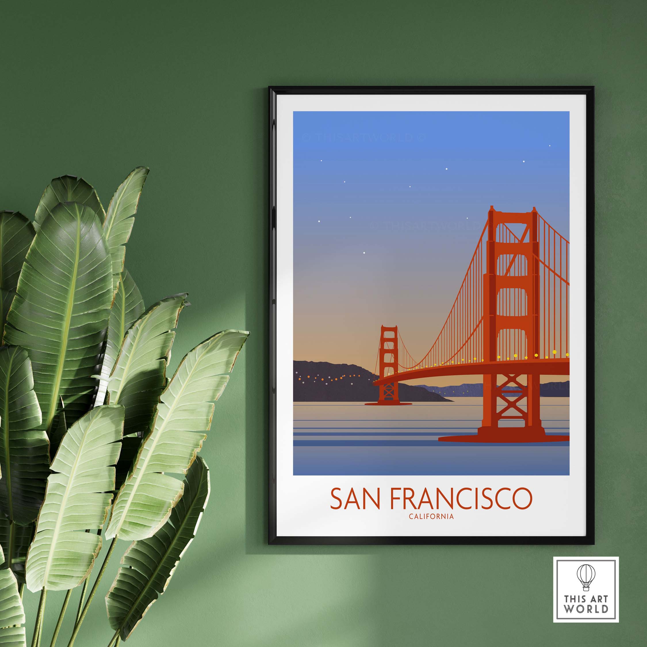 San Francisco print poster featuring the Golden Gate Bridge, framed against a serene sunset backdrop.