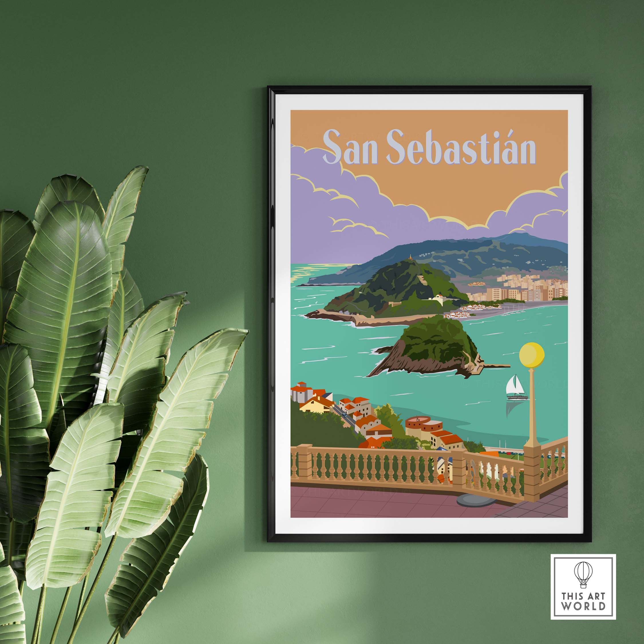 San Sebastian Spain Poster Print showcasing coastal views and vintage style, perfect for home or office decor.