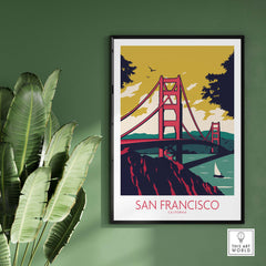 Vintage San Francisco poster print featuring the Golden Gate Bridge in a stylish framed design.