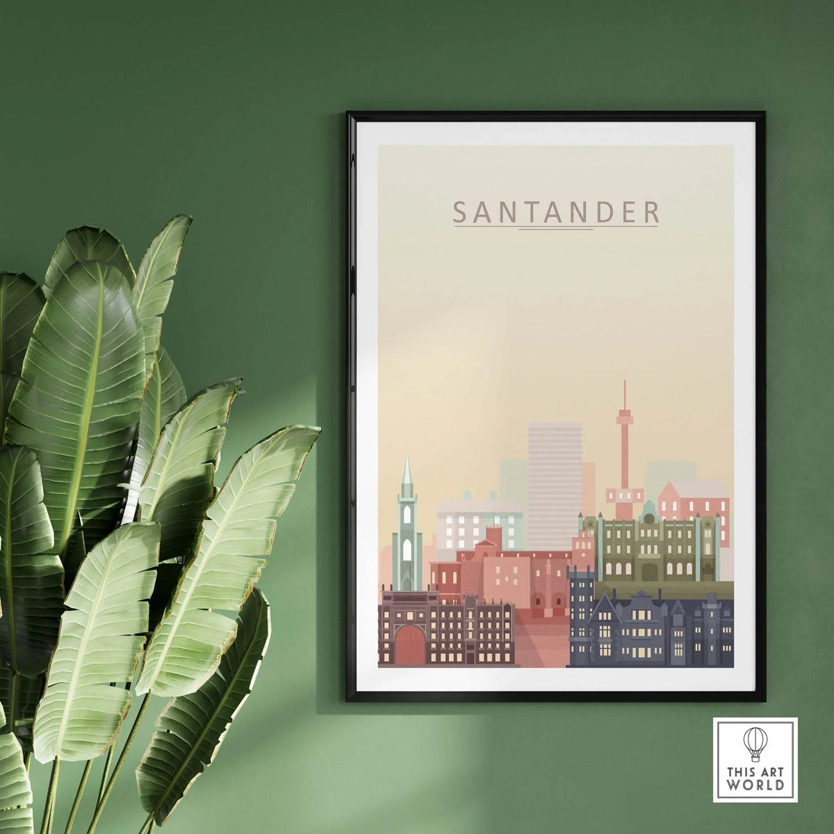 Santander City Skyline Wall Art Print with pastel tones, framed and perfect for home decor.