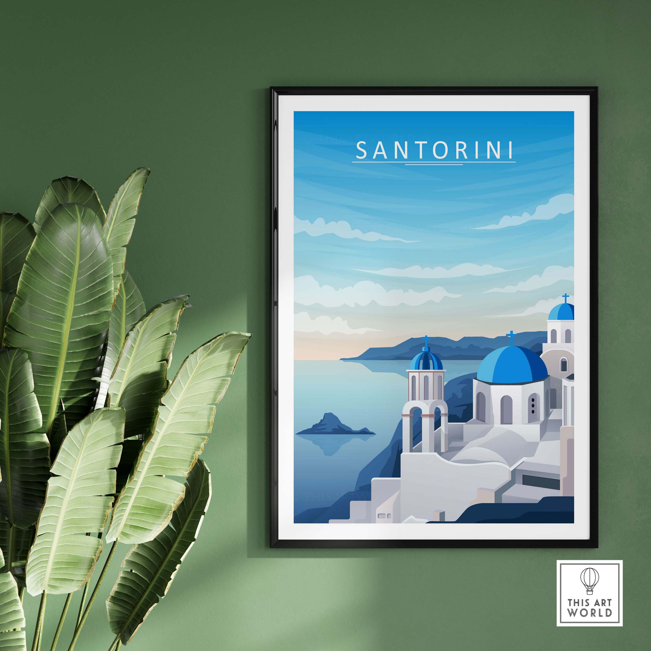Santorini print wall art featuring blue domes and scenic views, perfect for home or office decor in a minimalist style.