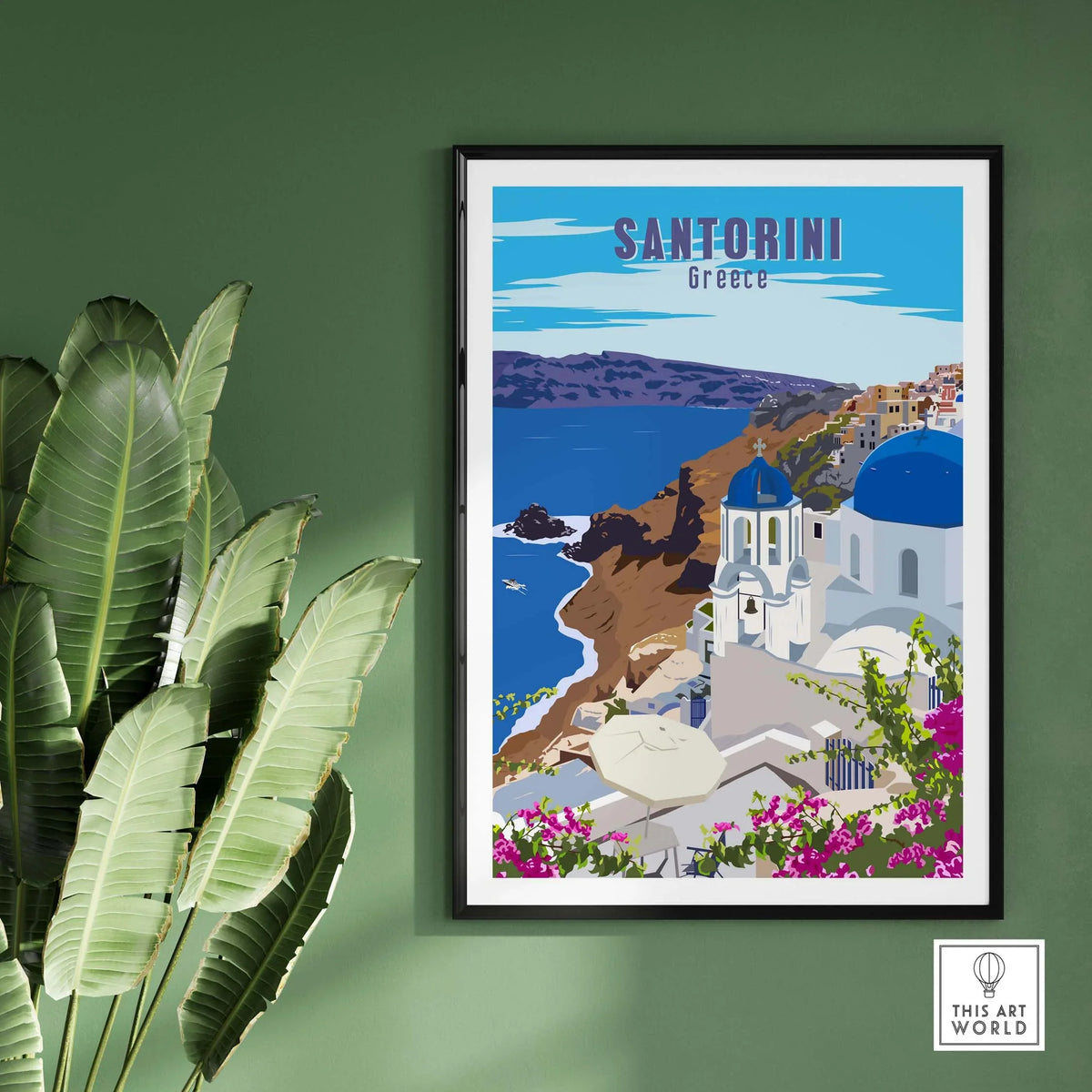 Santorini Poster Print Wall Art featuring vintage design and coastal scenery of Greece, framed on a wall with greenery.