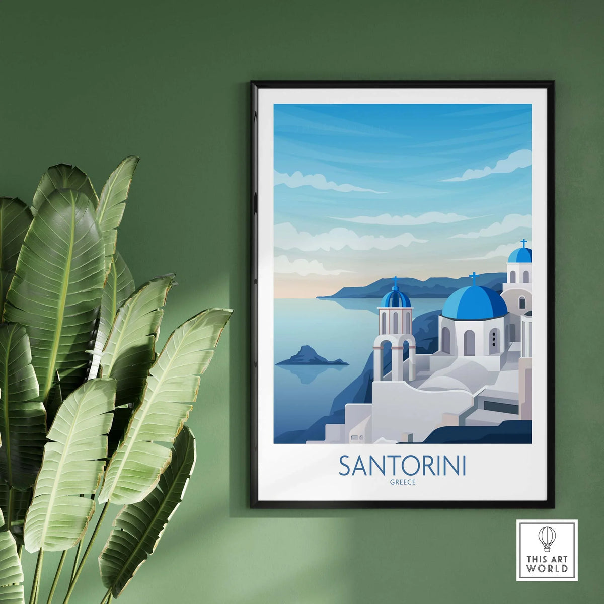 Santorini wall art print featuring blue domes and scenic view of Greece, ideal for home or office decor.