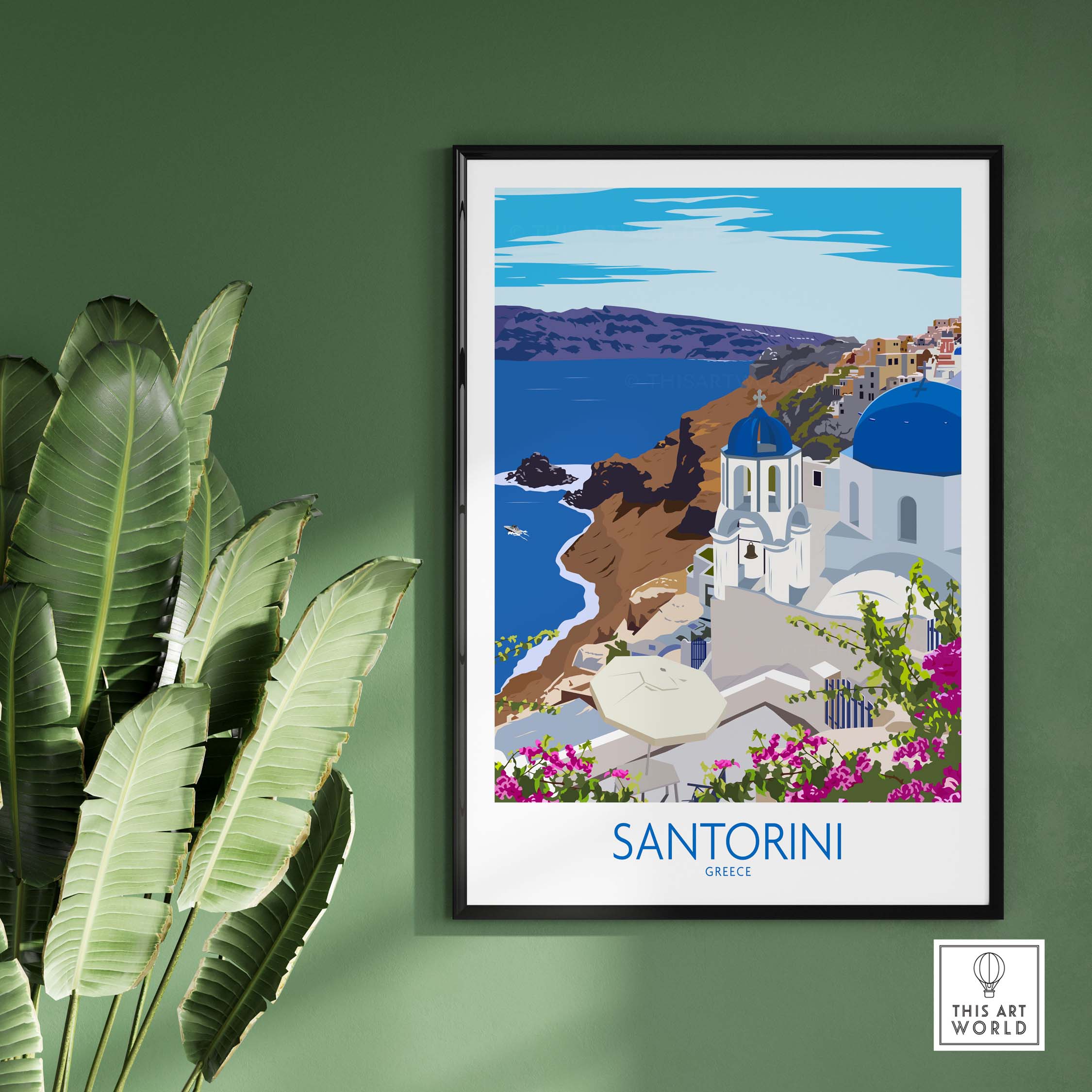 Santorini Print Travel Poster featuring iconic white buildings and blue domes, perfect for wanderlust-inspired decor.