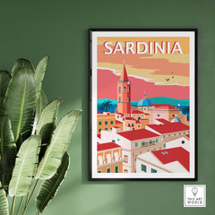 Sardinia Poster Print featuring minimalist design with vibrant colors, ideal for home decor and travel inspiration.