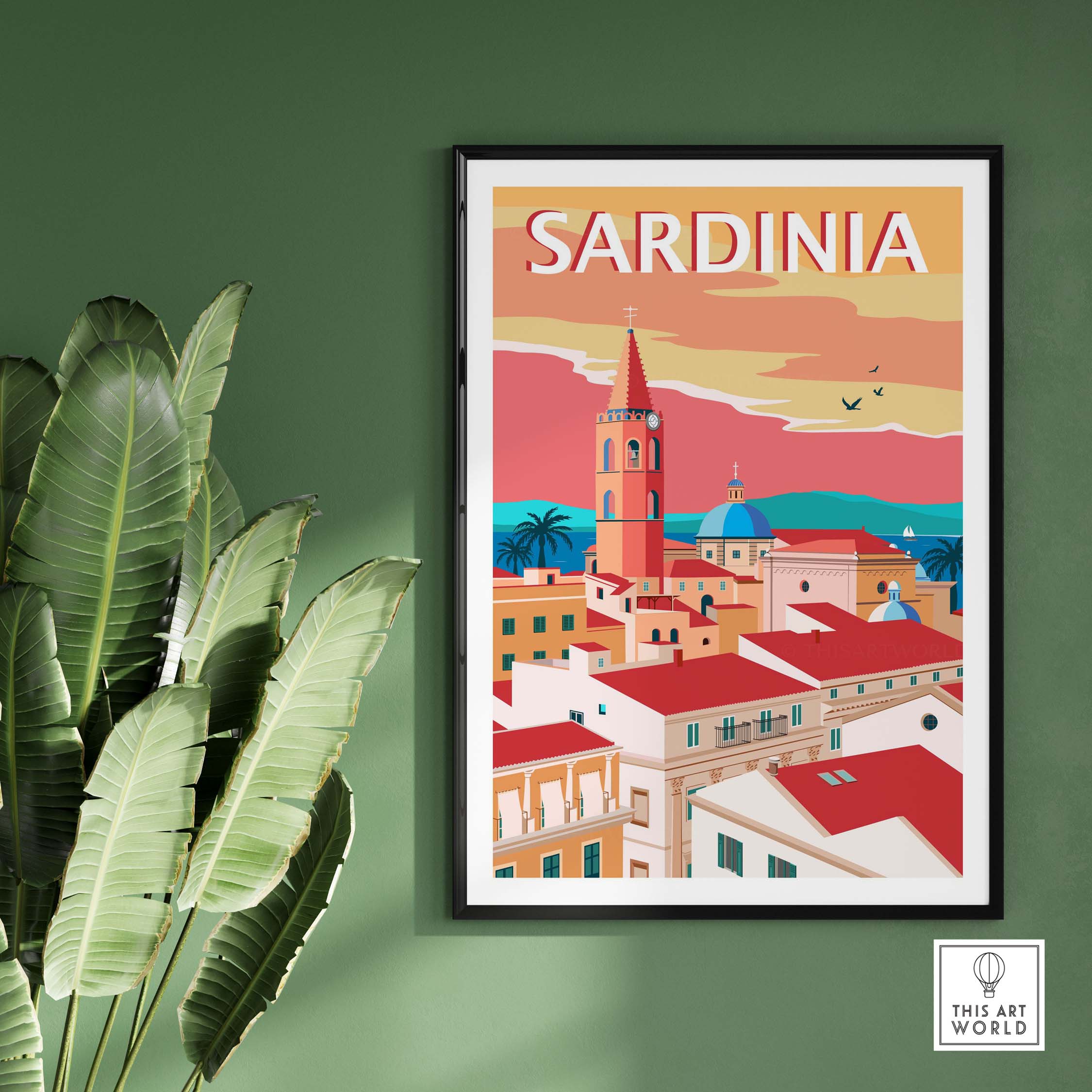Sardinia Poster Print featuring minimalist design with vibrant colors, ideal for home decor and travel inspiration.