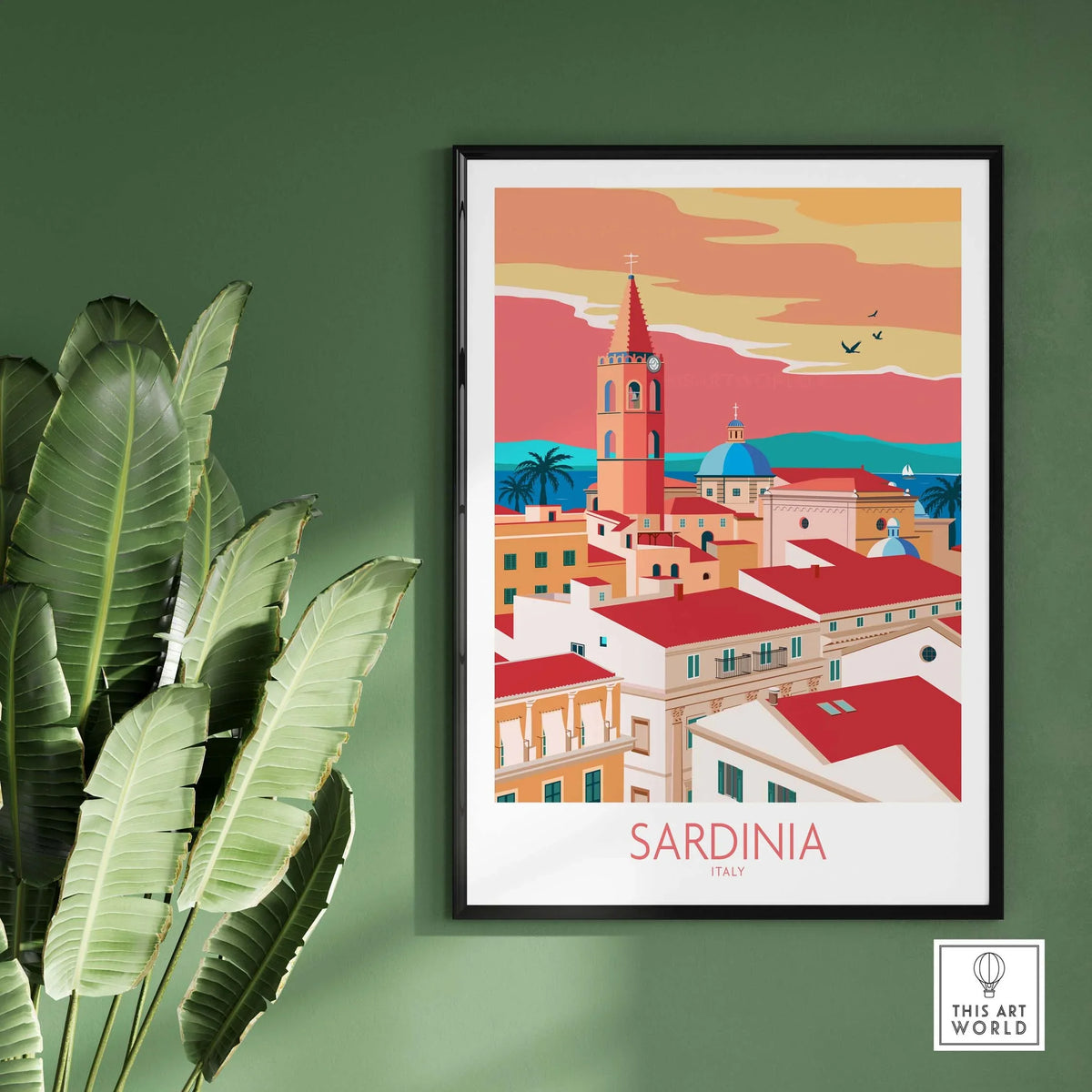 Sardinia Print Italy Travel Poster featuring vibrant vintage architecture and landscape, perfect for wall decor.