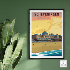Scheveningen poster print of Den Haag's beach view, framed artwork with vibrant colors, ideal for home decor.