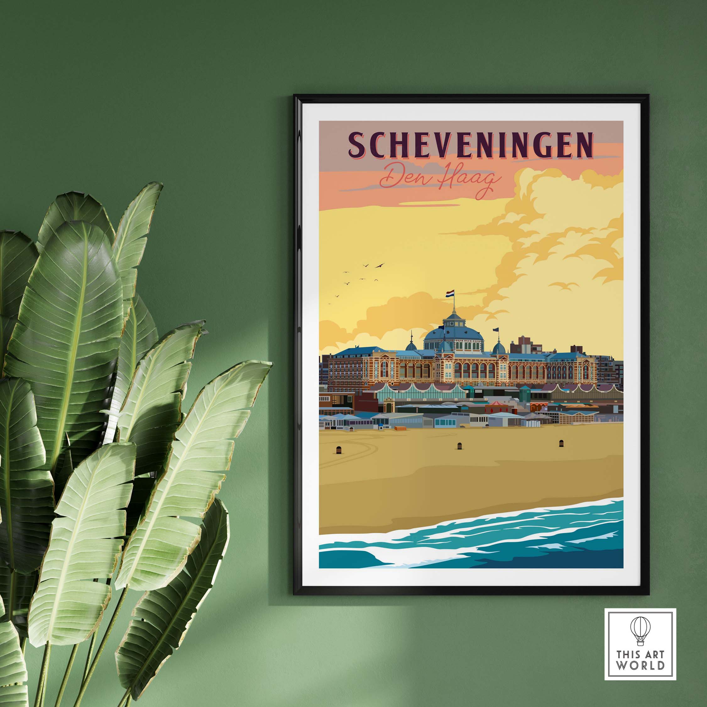 Scheveningen poster print of Den Haag's beach view, framed artwork with vibrant colors, ideal for home decor.