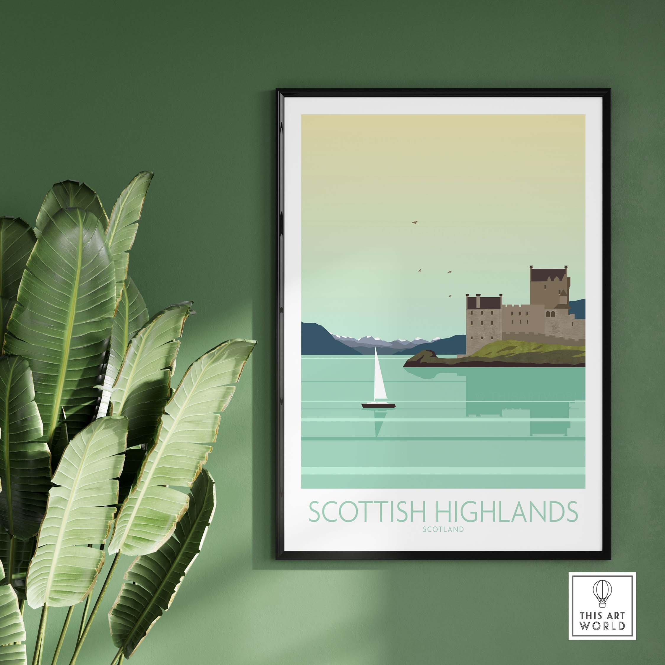 Scottish Highlands art print featuring a sailboat and castle against a serene green backdrop, perfect for home decor.