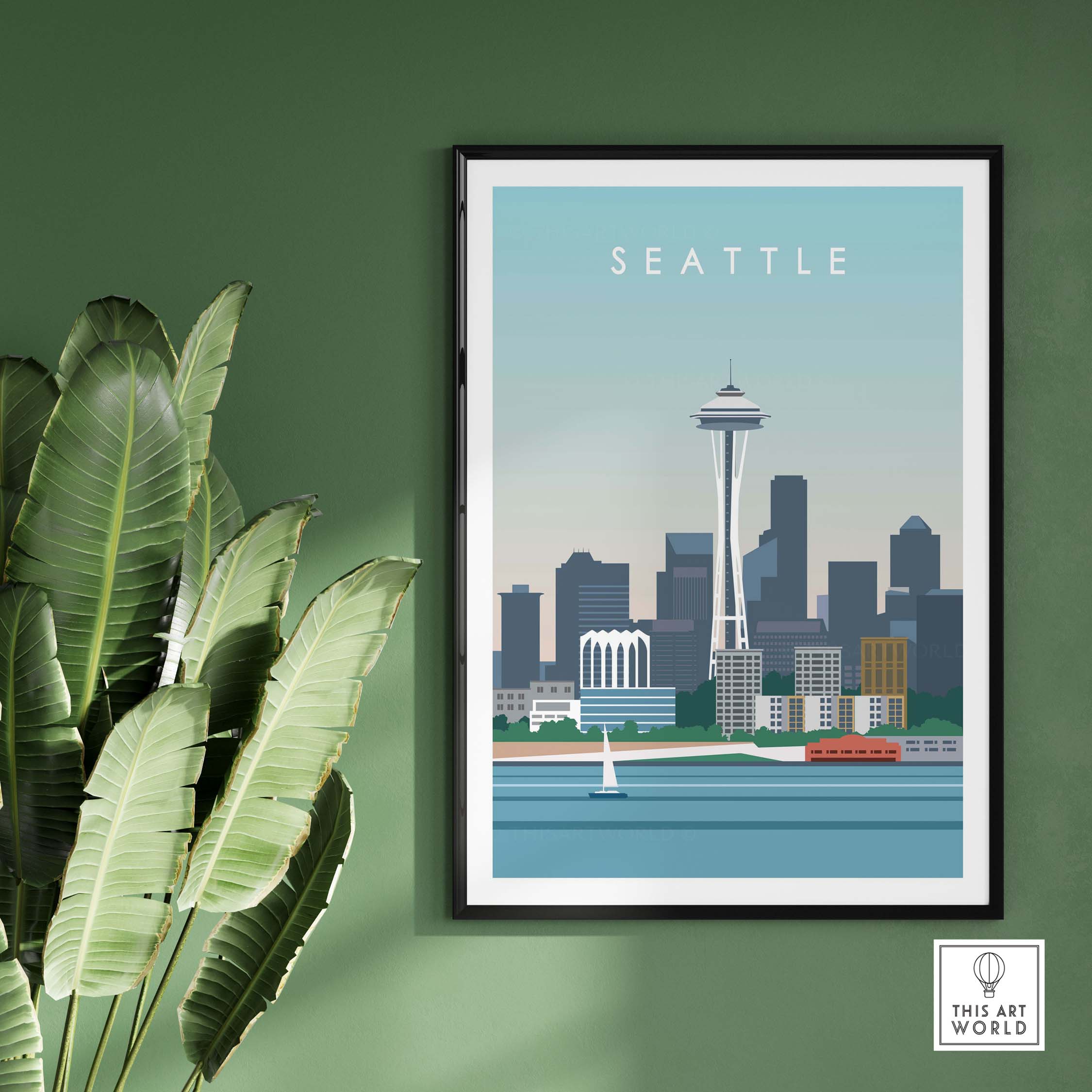 Seattle Print Wall Art Poster featuring iconic skyline and Space Needle, perfect for home decor.