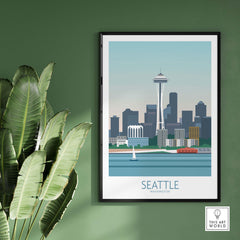Seattle poster print featuring the iconic Space Needle and skyline, framed and ready to enhance your home decor.