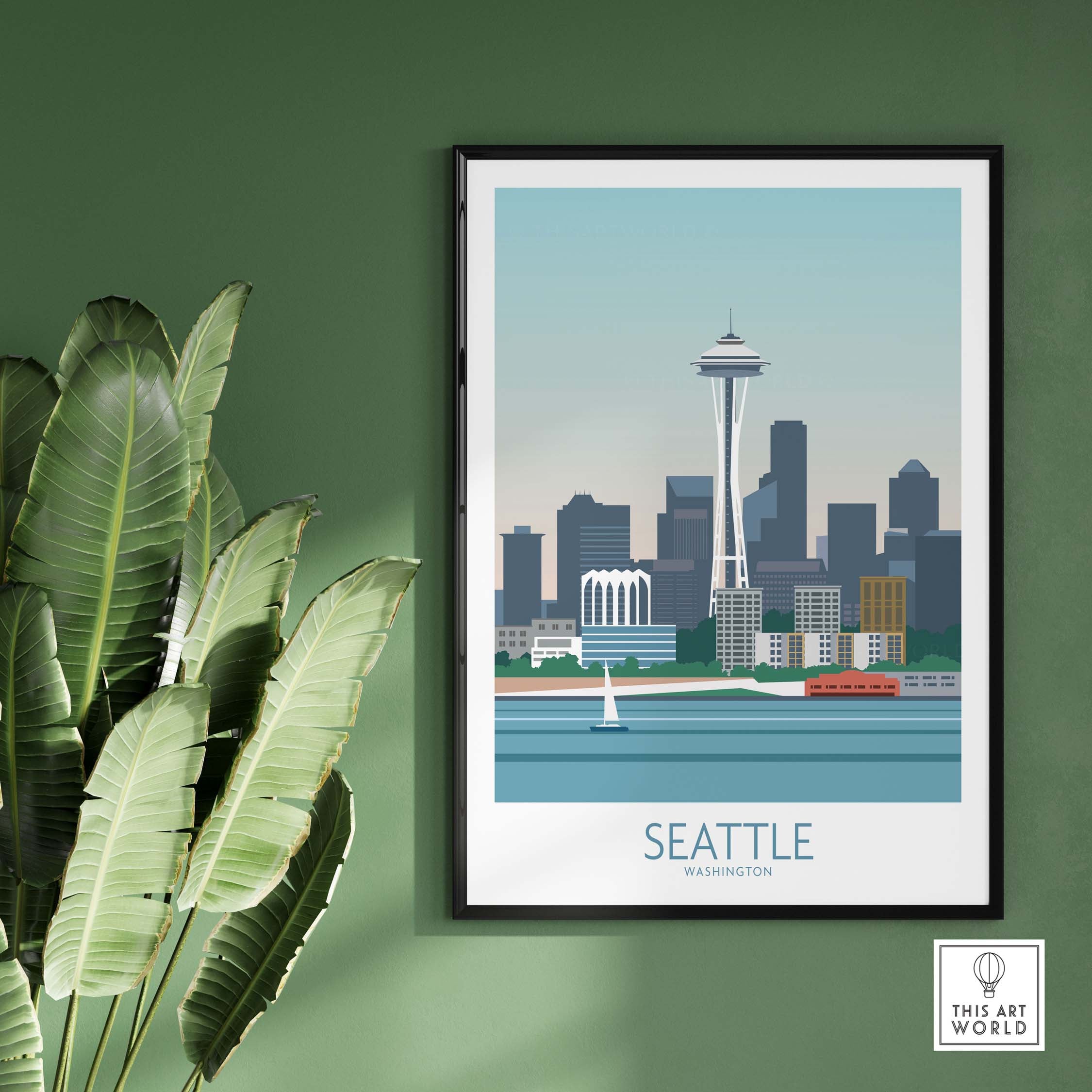 Seattle poster print featuring the iconic Space Needle and skyline, framed and ready to enhance your home decor.