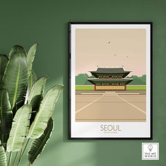 Seoul Print South Korea Travel Poster featuring traditional architecture against a green wall with leafy decor.